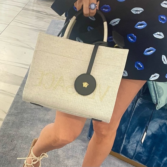 VERSACE Logo Small 2way Tote Shoulder Bag Canvas Leather Gray - Picture 14 of 15